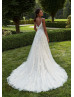 Beaded Spaghetti Straps Ivory 3D Lace Tulle Slit Chic Wedding Dress